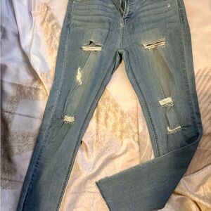 Trendy Distressed Skinny Jeans in Light Blue